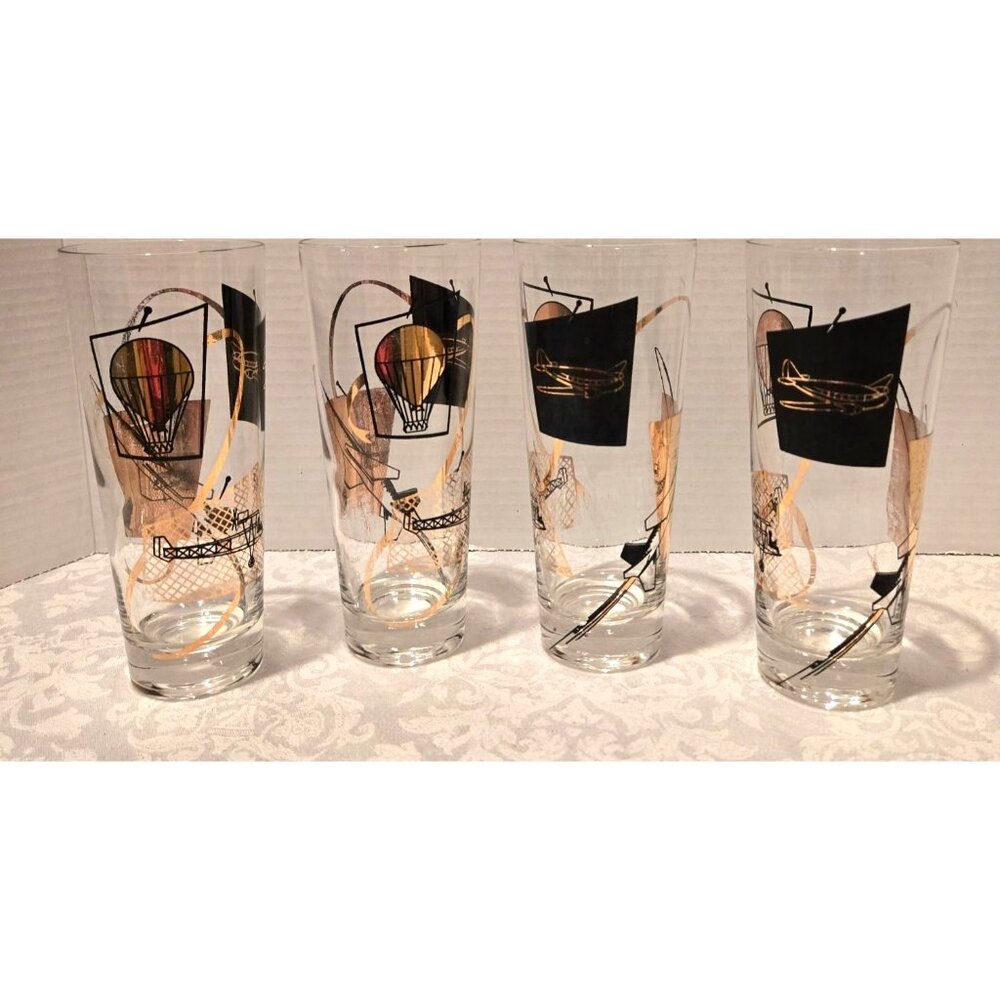 Vintage Gold & Black Pop Hot Air Balloon / Airplane Flight Design Highball Colli